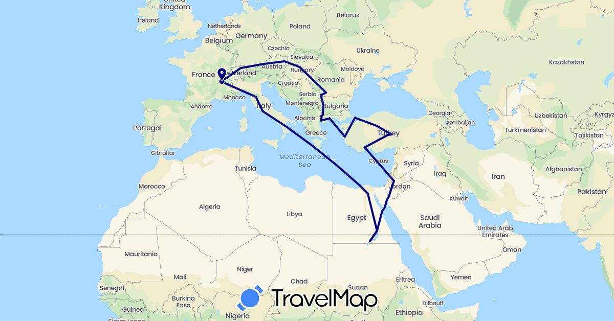 TravelMap itinerary: driving in Austria, Bulgaria, Switzerland, Egypt, France, Greece, Hungary, Italy, Jordan, Romania, Turkey (Africa, Asia, Europe)
